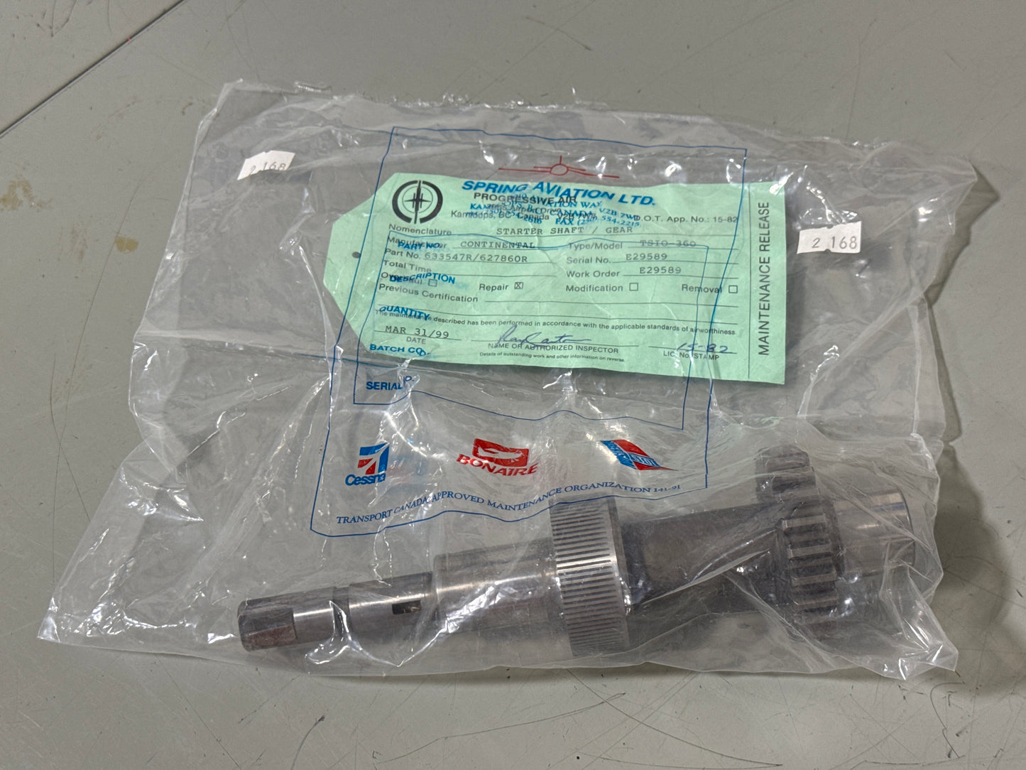 633547R Continental Starter Shaft & Gear for Continental Engines