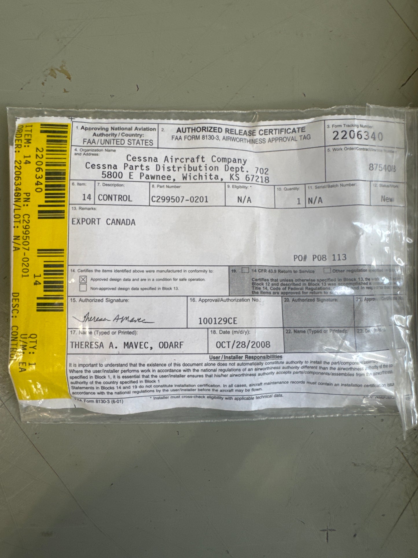 C299507-0201 Mixture Cable for Cessna 185