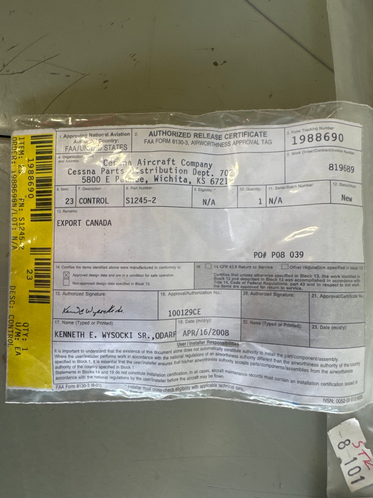 S1245-2 Cowl Flap Cable for Cessna 180, 182, 185