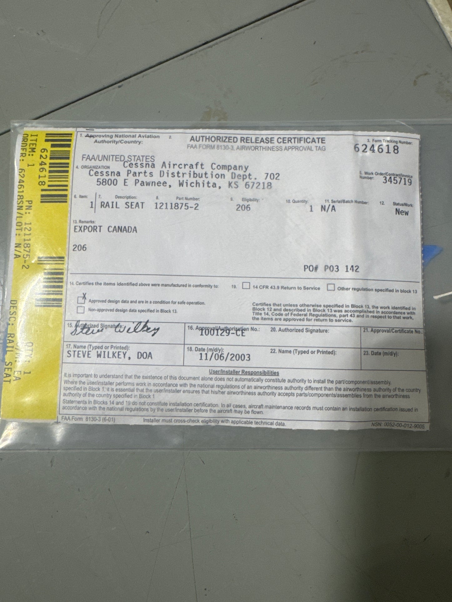 1211875-2 Seat Rail for Cessna 206