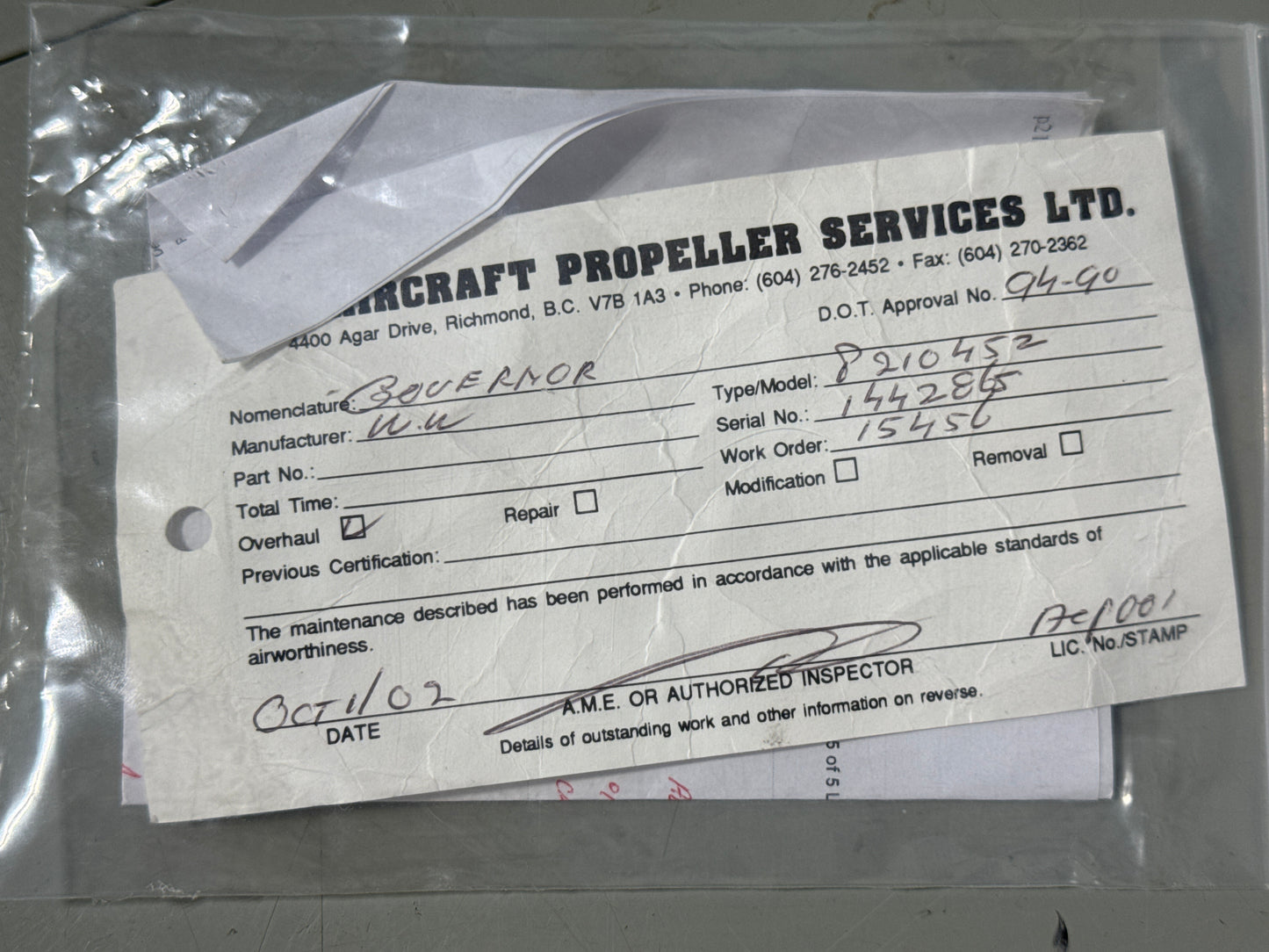 P210452/8210452 Woodward Propellor Governor