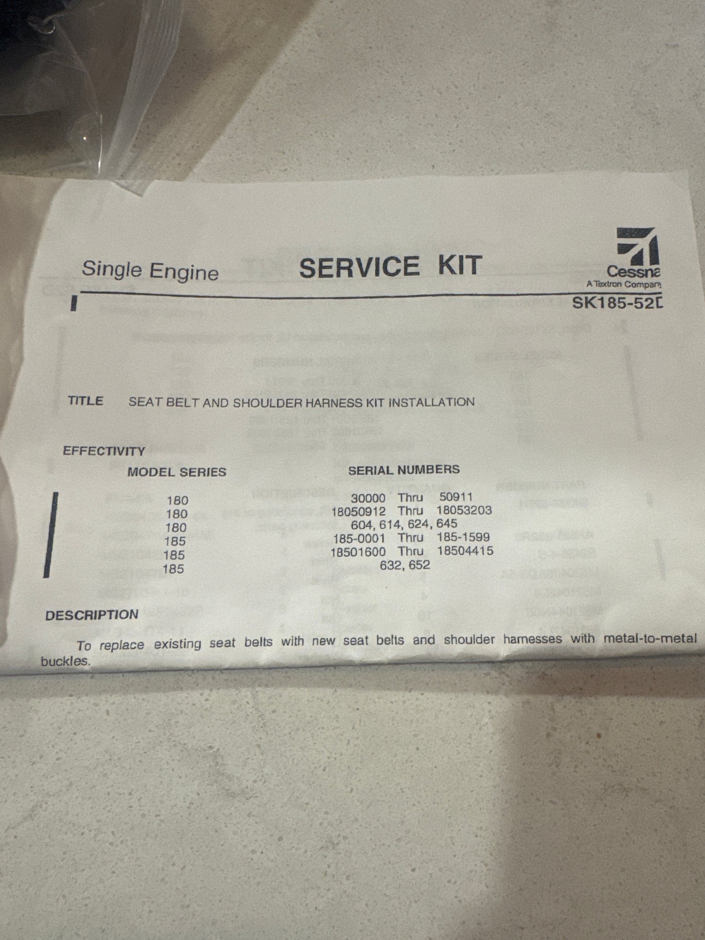 SK185-52 Shoulder Harness Kit 1st, 2nd or 3rd row for Cessna 180, 185