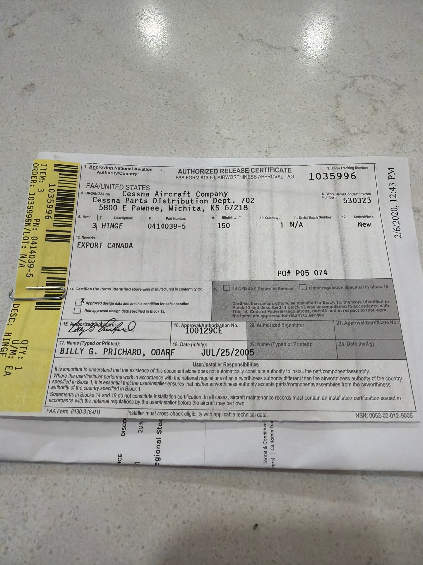 0414039-5 NOS Cessna 152 Pilot Seat Back Hinge Assembly for Cessna