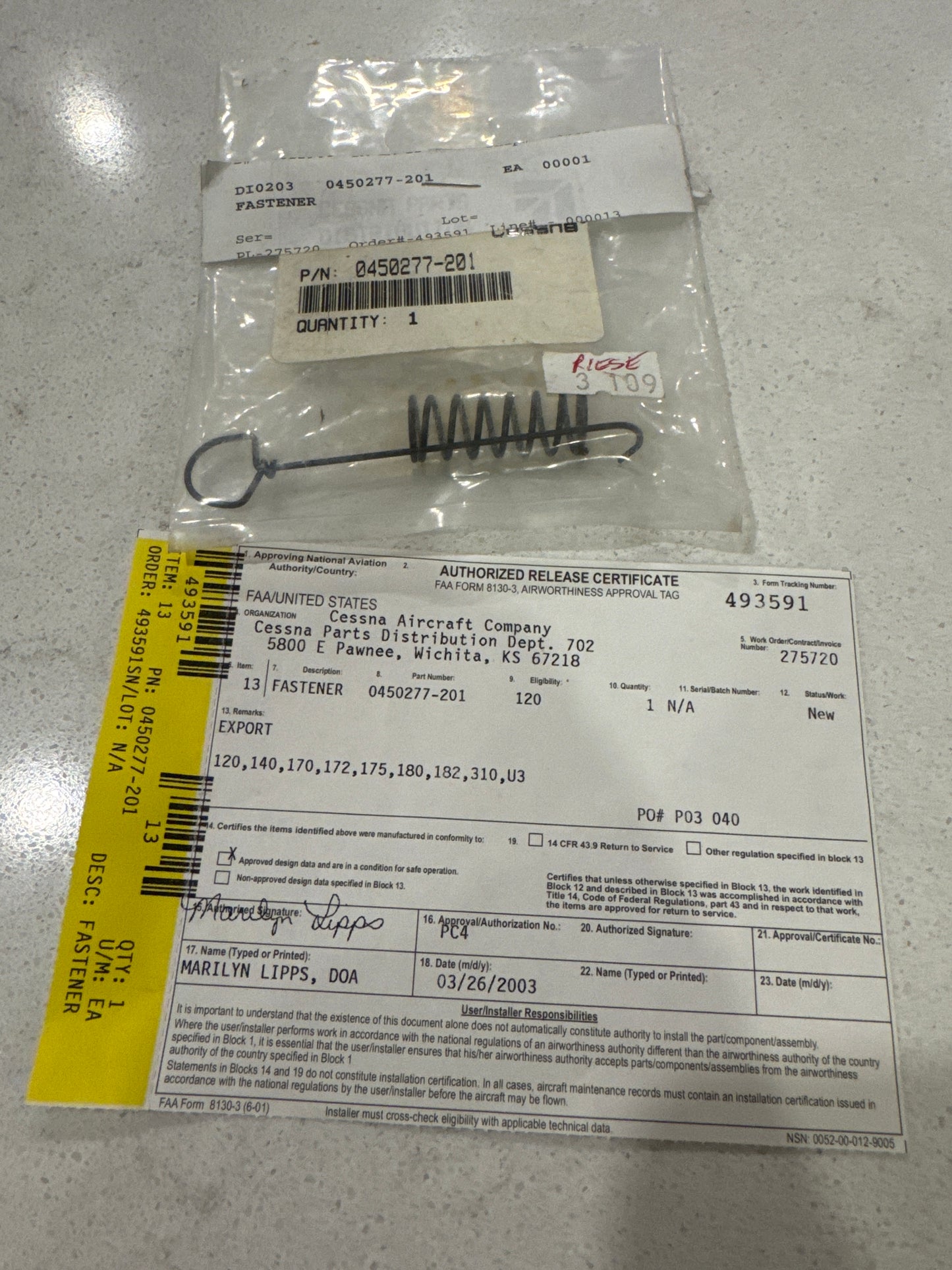 0450277-201 Baffle wire for Cessna 172, 180, 182, 185