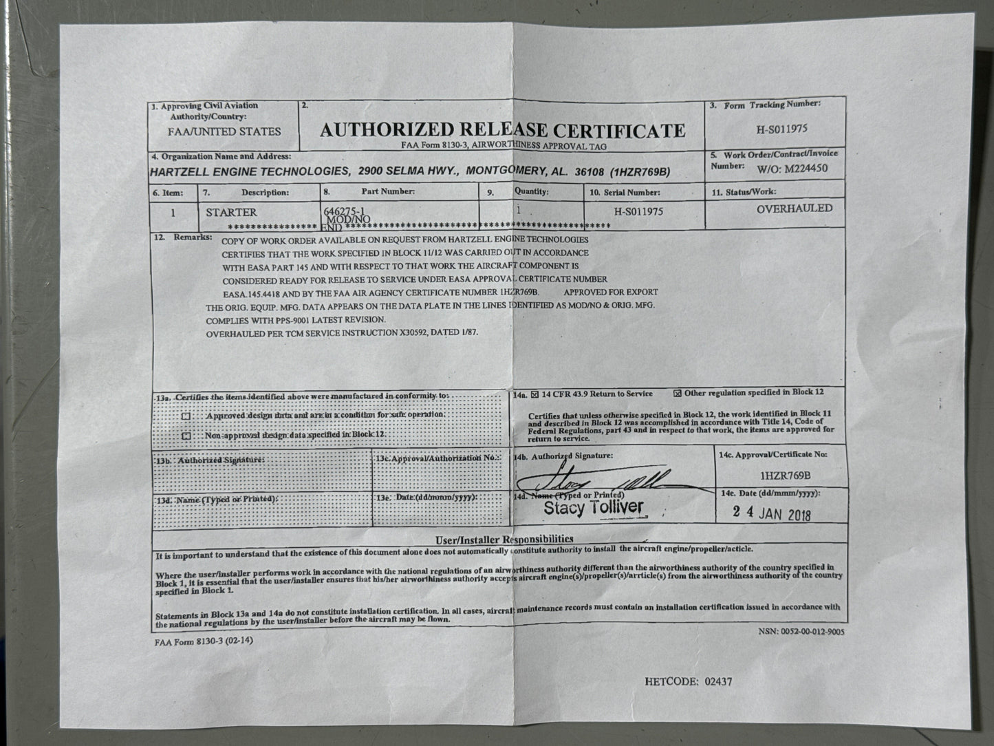 646275-1R Hartzell Starter for Continental Engines