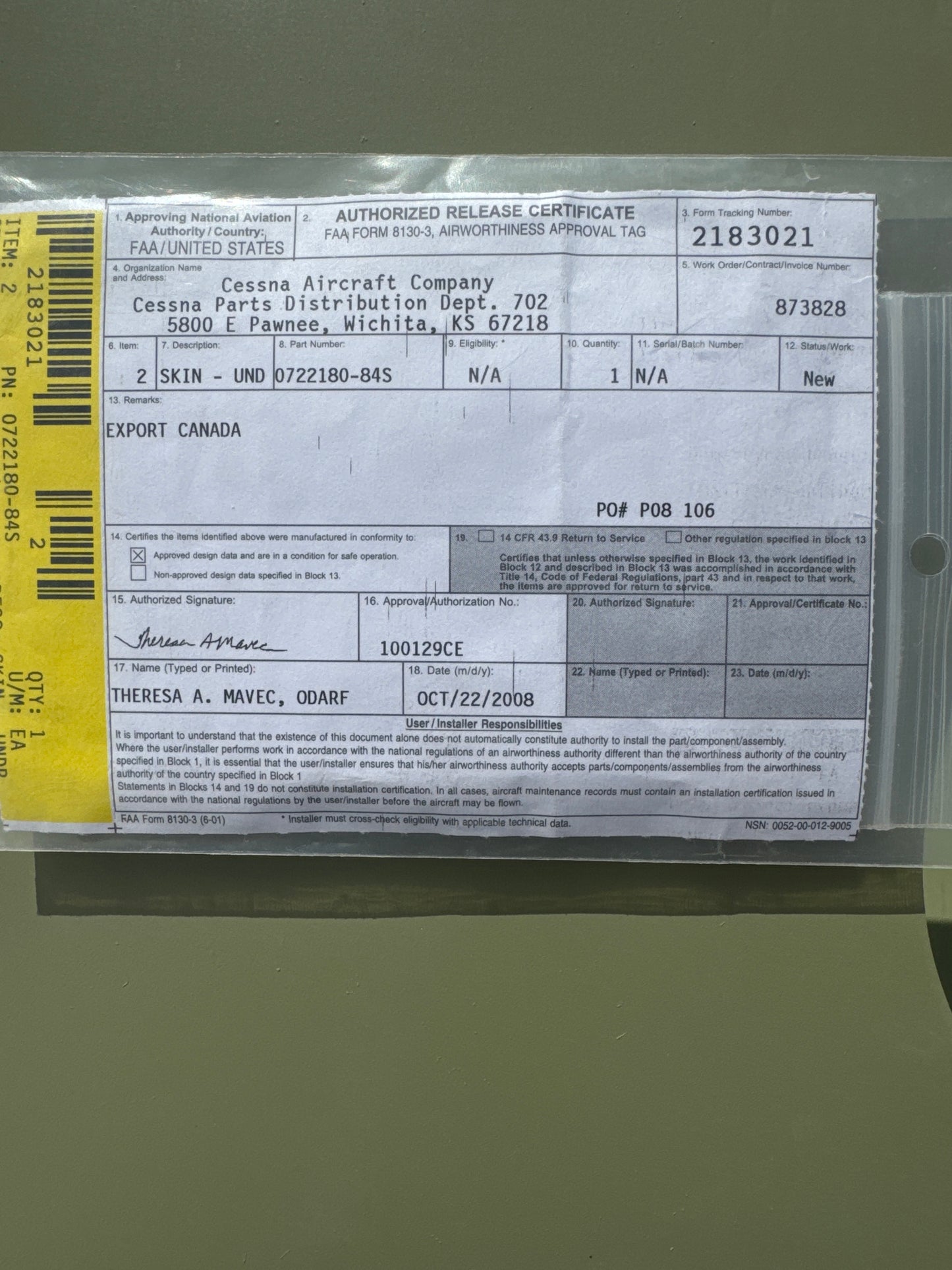 0722180-84S Cessna 206 leading edge skin for Cessna 206