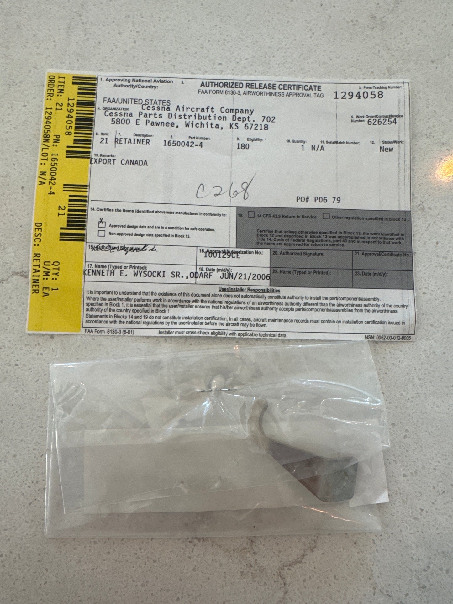 1650042-4 Retainer – Control Cable for Cessna