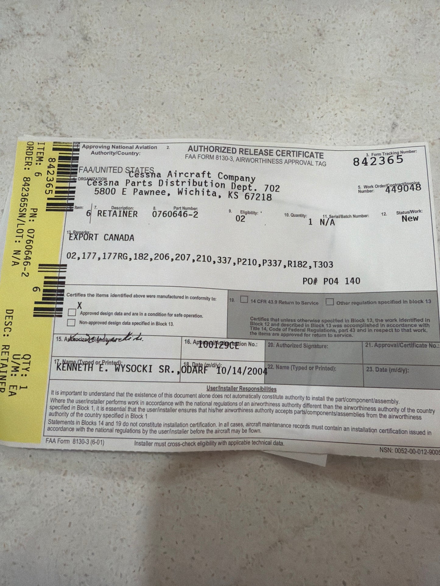 0760646-2 for Cessna