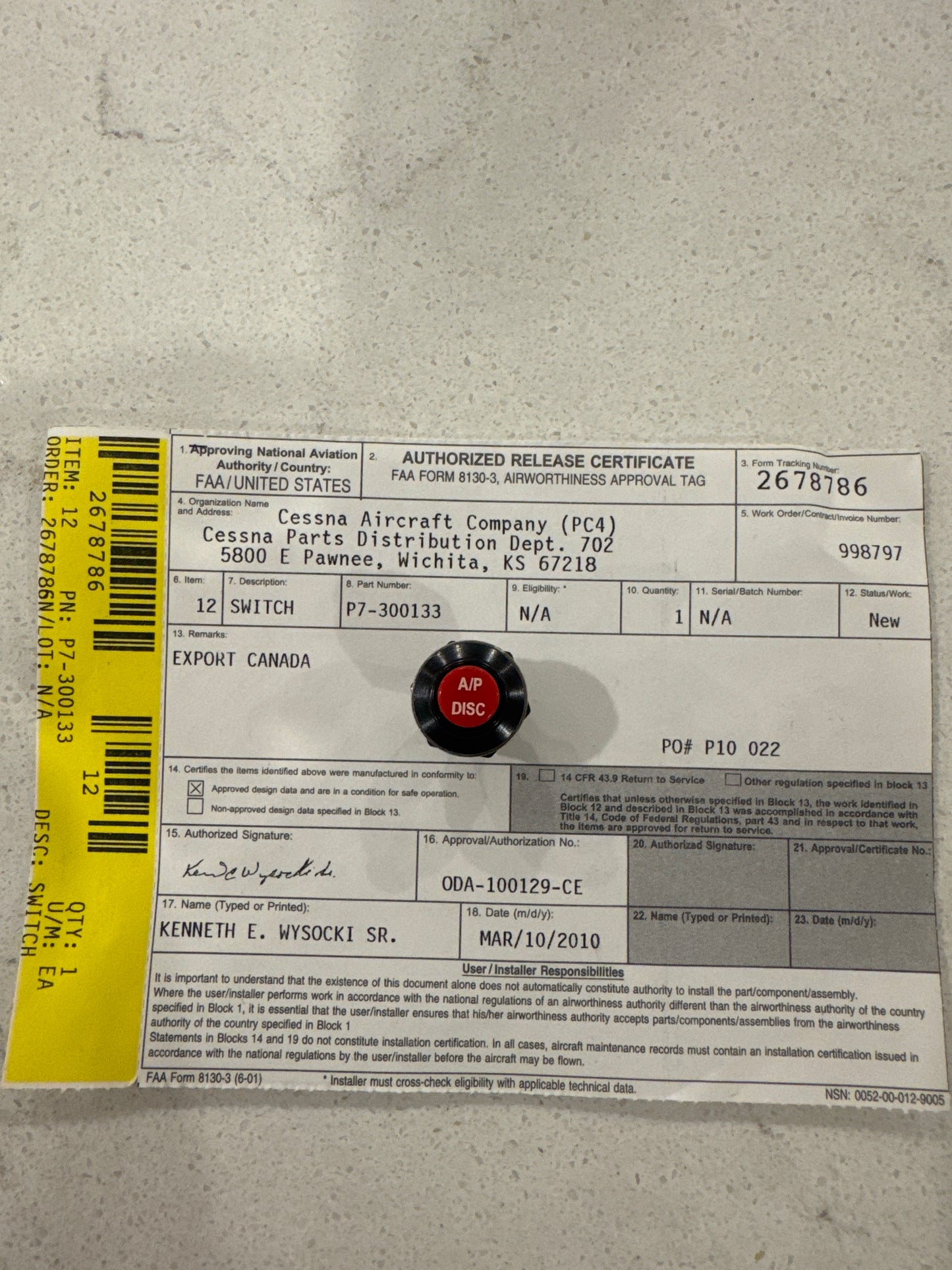 P7-300133 Cessna Auto Pilot disc switch